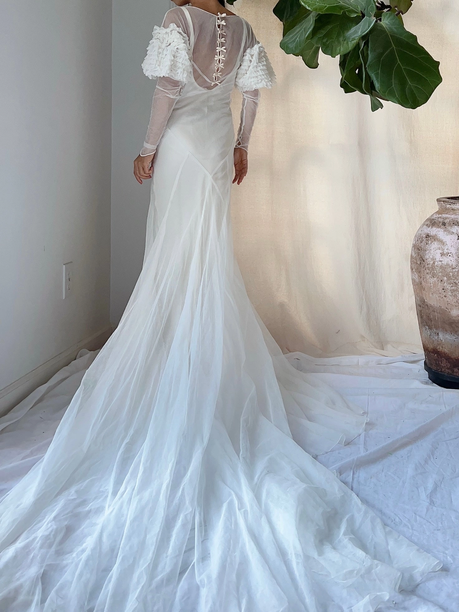 1930s Tulle Puff Sleeves Gown - XS