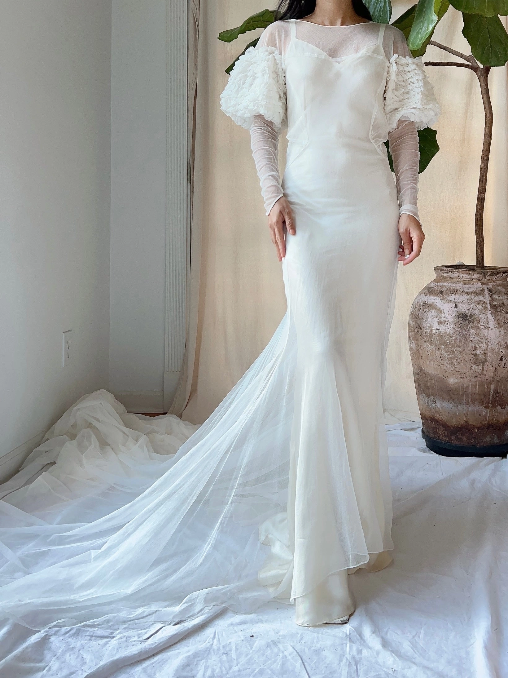 1930s Tulle Puff Sleeves Gown - XS