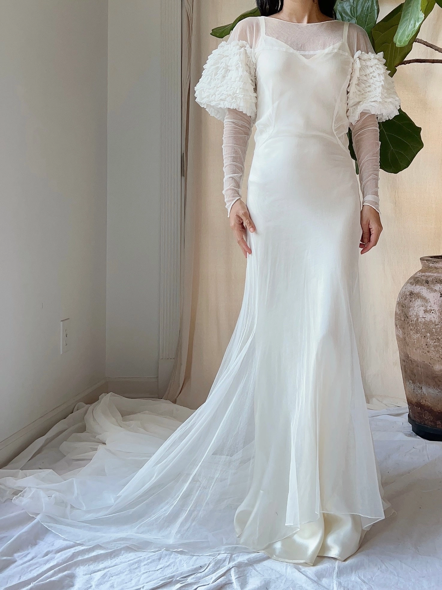 1930s Tulle Puff Sleeves Gown - XS