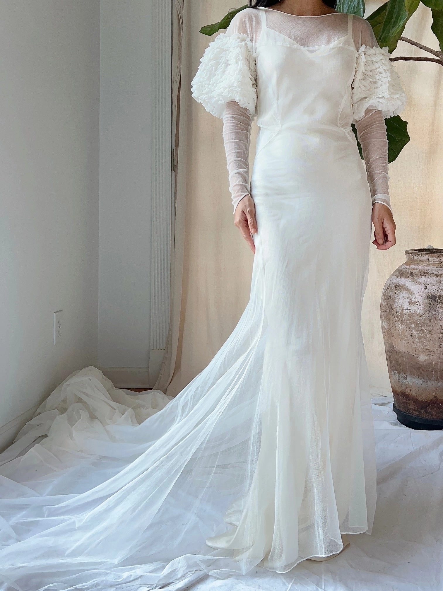 1930s Tulle Puff Sleeves Gown - XS