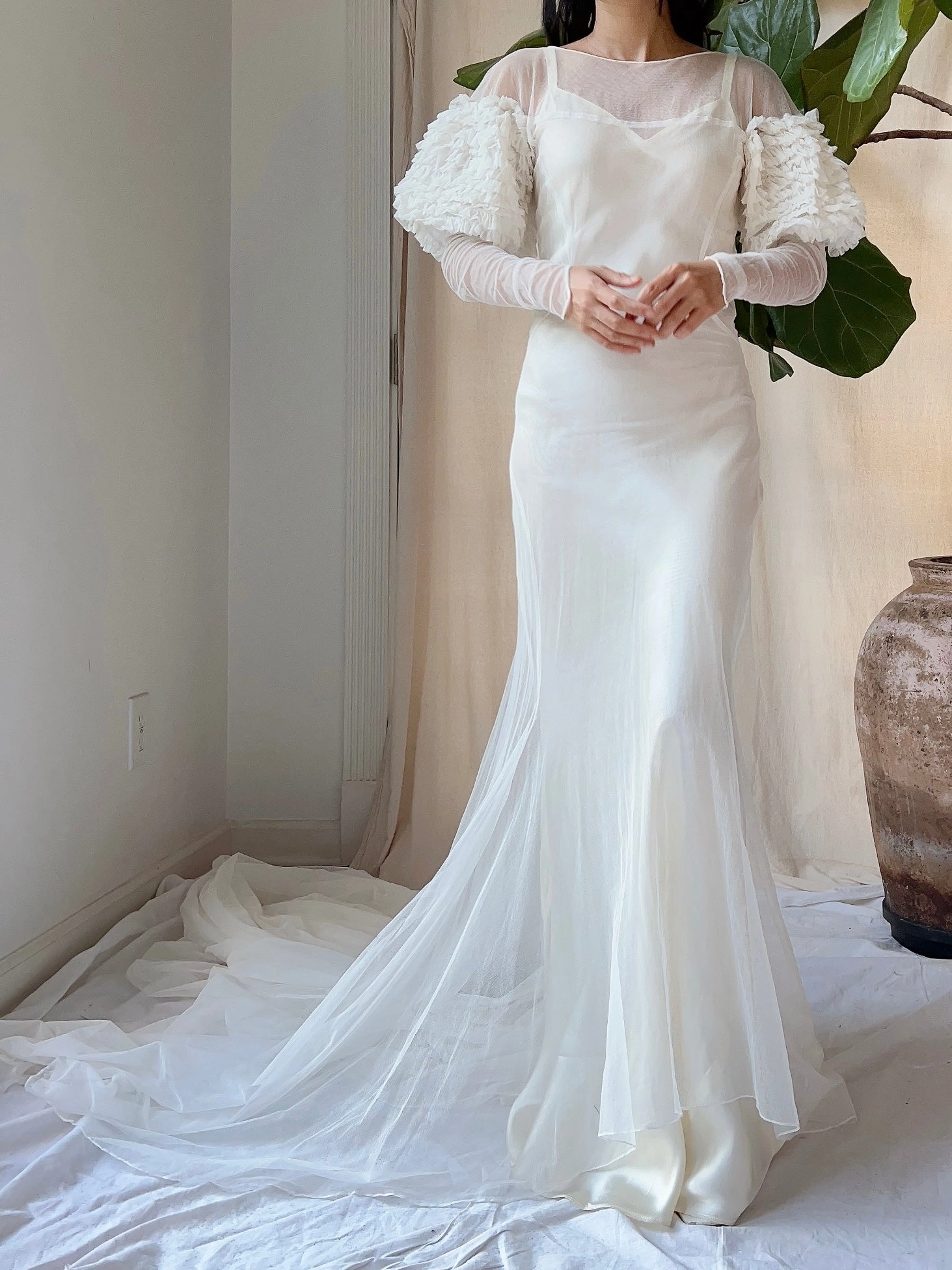 1930s Tulle Puff Sleeves Gown - XS