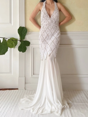 1990s Pearl and Chiffon Beaded Gown - S/4