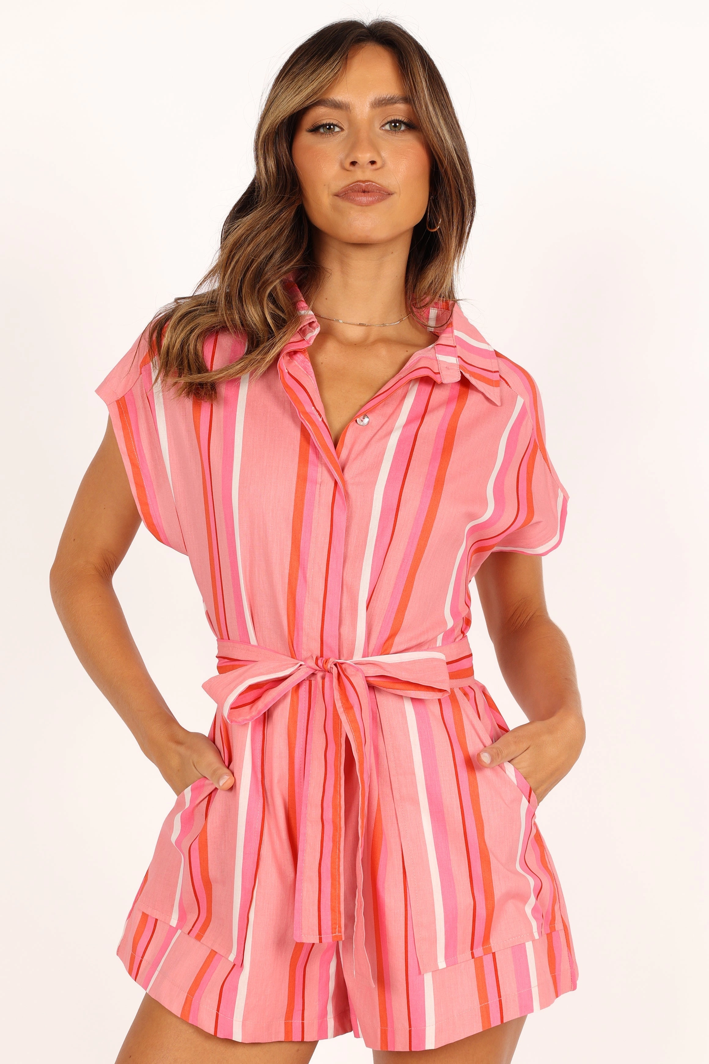 Addie Tie Waist Playsuit - Pink Stripe