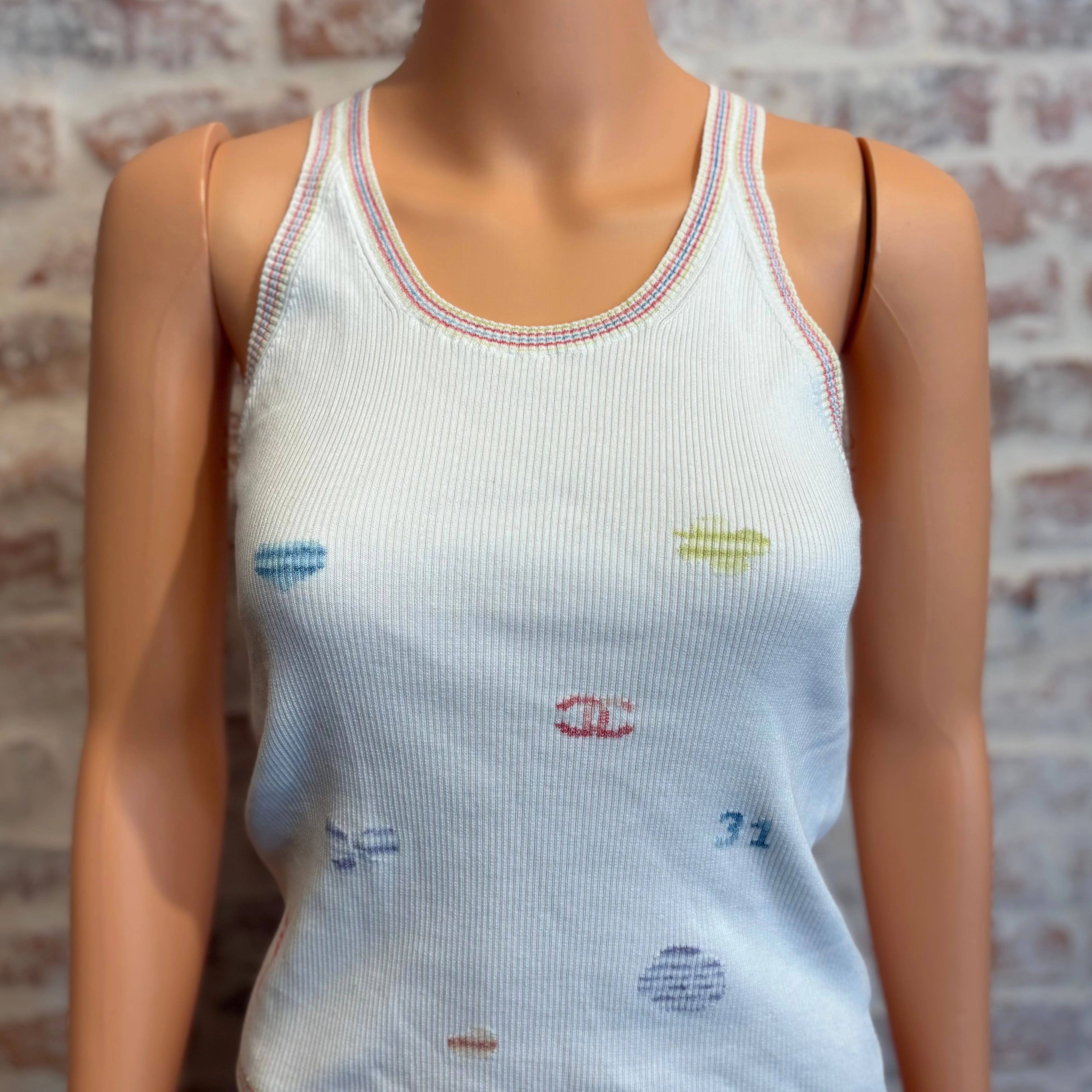 CHANEL White Ribbed Multicolor Clover Tank Top Sz 40