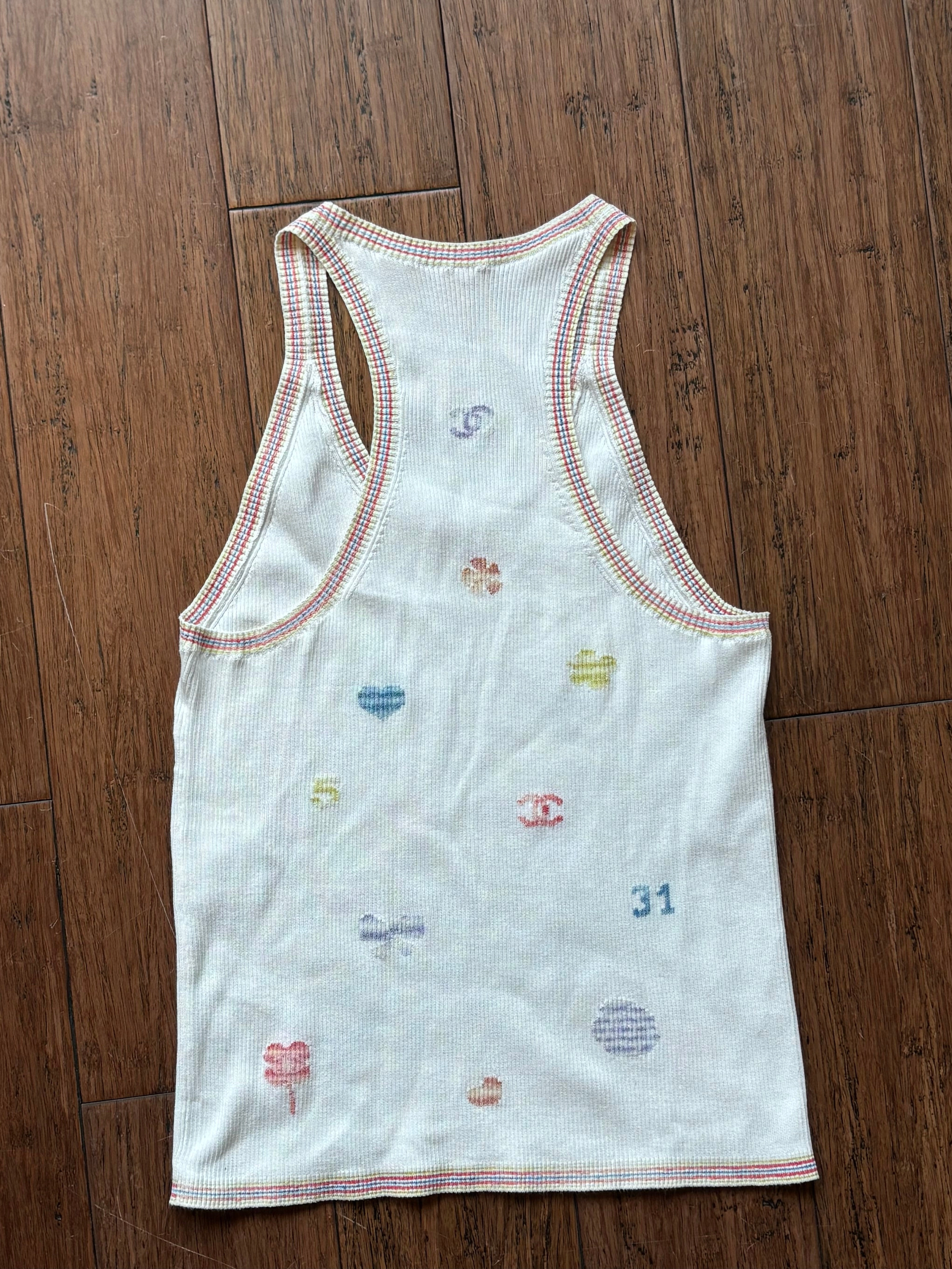 CHANEL White Ribbed Multicolor Clover Tank Top Sz 40
