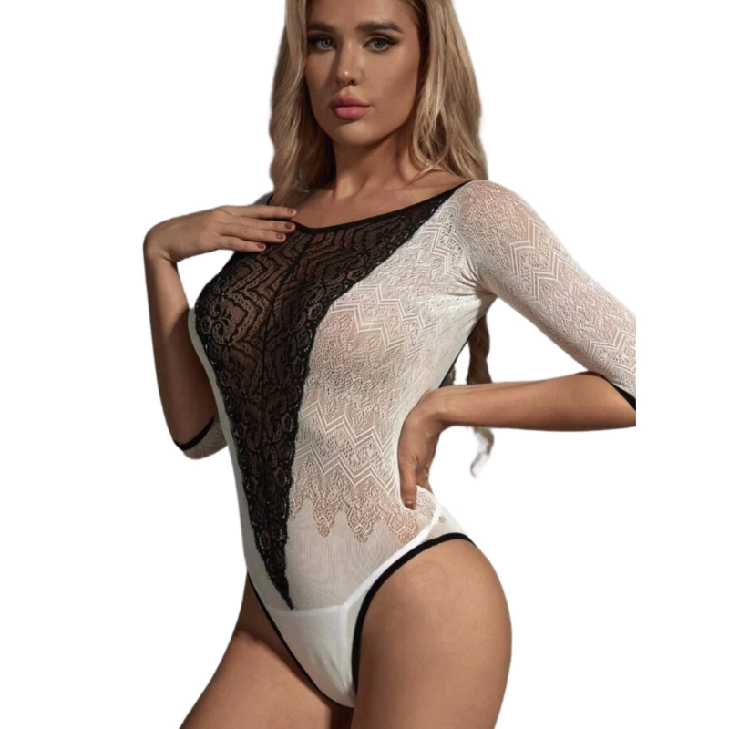 Colour Block Lacey Front Backless Bodysuit (One Size)