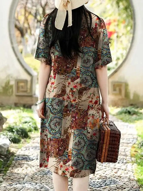 Cotton Women Pattern Printed Short Sleeve O-Neck Dresses