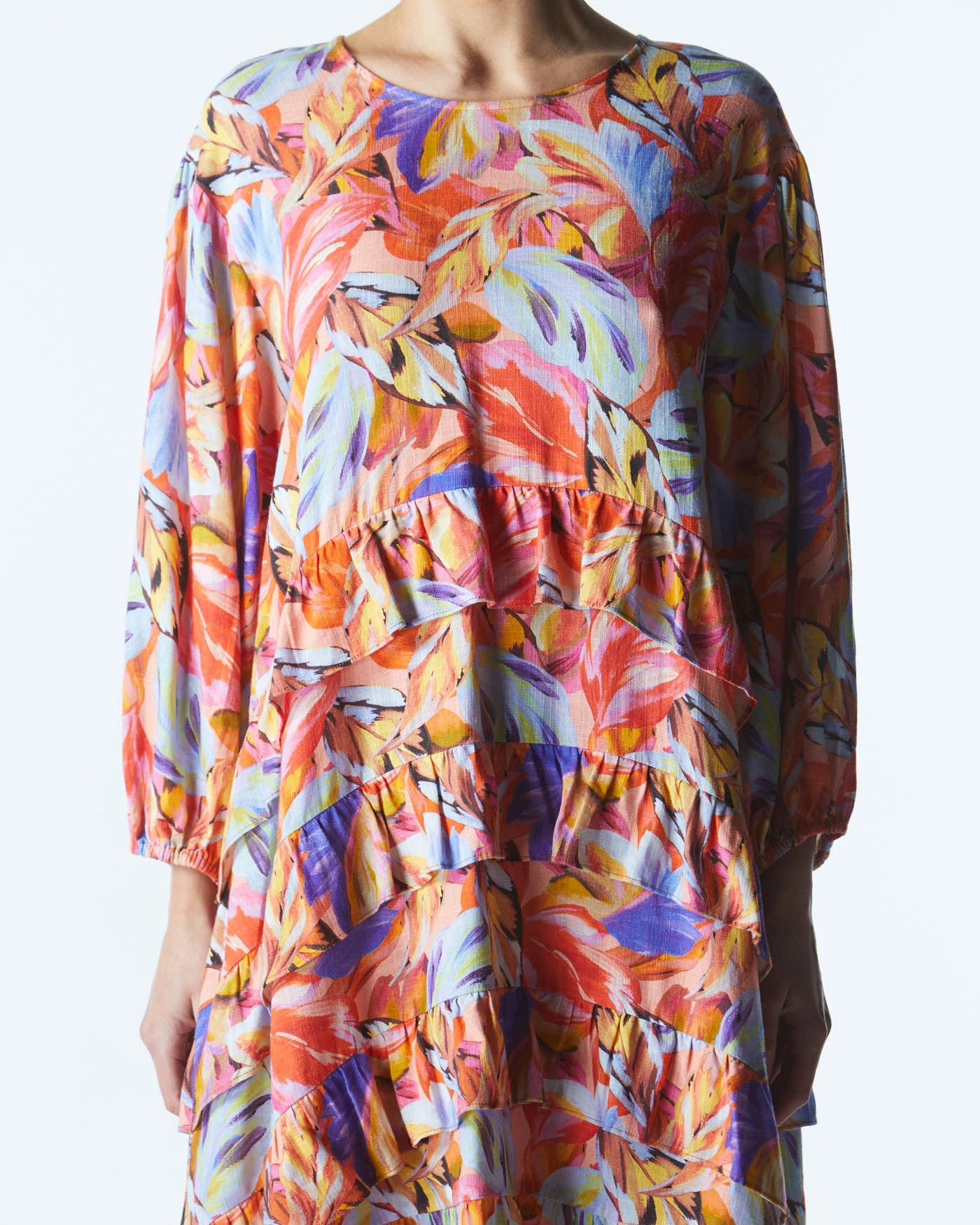 Fate Midsummer Ruffle Long Sleeve Mini Dress Sunset Palm