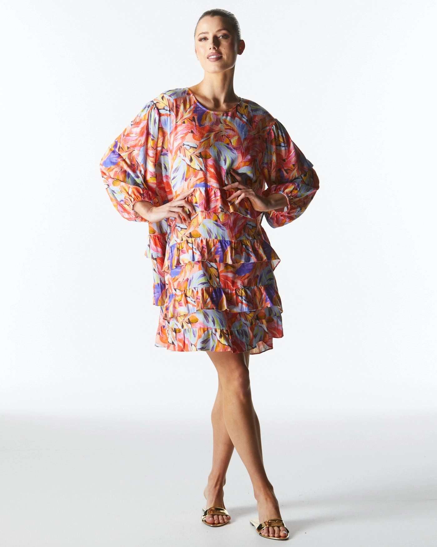 Fate Midsummer Ruffle Long Sleeve Mini Dress Sunset Palm