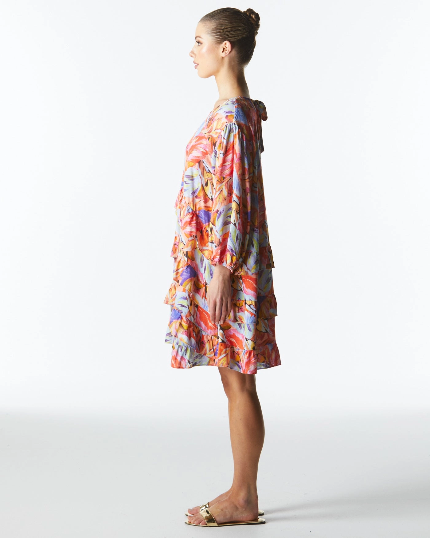 Fate Midsummer Ruffle Long Sleeve Mini Dress Sunset Palm