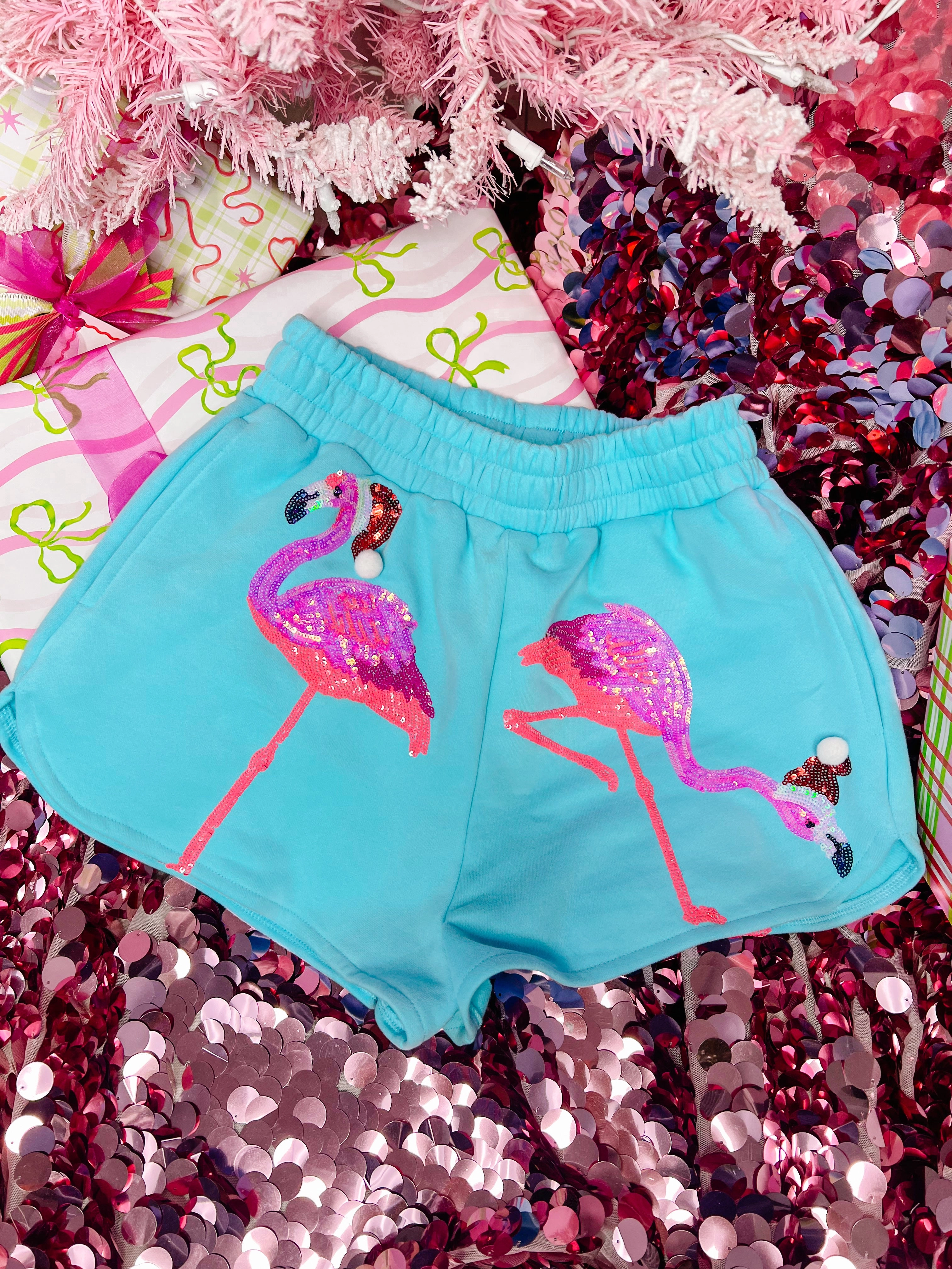 FLAMINGO SANTA HAT SHORTS - AQUA