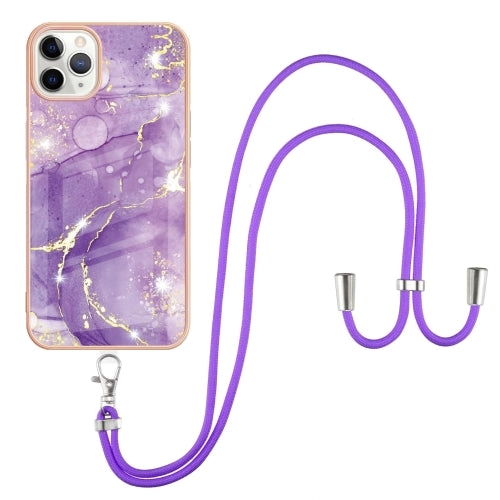For iPhone 11 Electroplating Marble Pattern IMD TPU Shockproof Case with Neck Lanyard