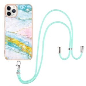 For iPhone 11 Electroplating Marble Pattern IMD TPU Shockproof Case with Neck Lanyard