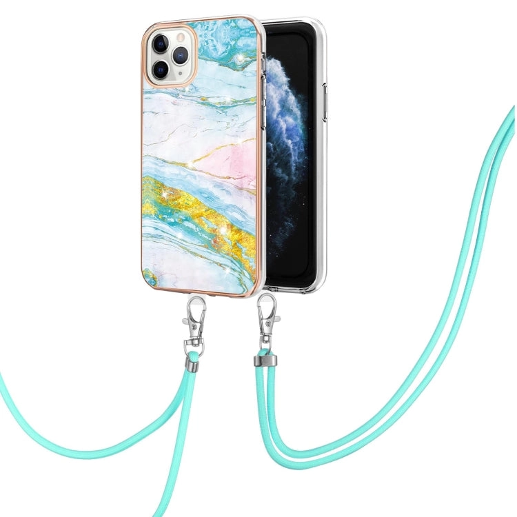 For iPhone 11 Electroplating Marble Pattern IMD TPU Shockproof Case with Neck Lanyard