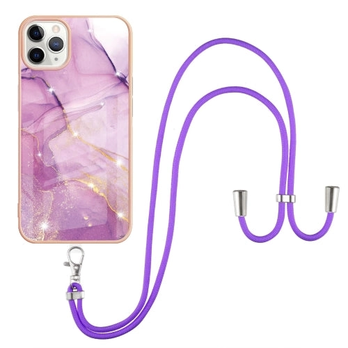 For iPhone 11 Electroplating Marble Pattern IMD TPU Shockproof Case with Neck Lanyard