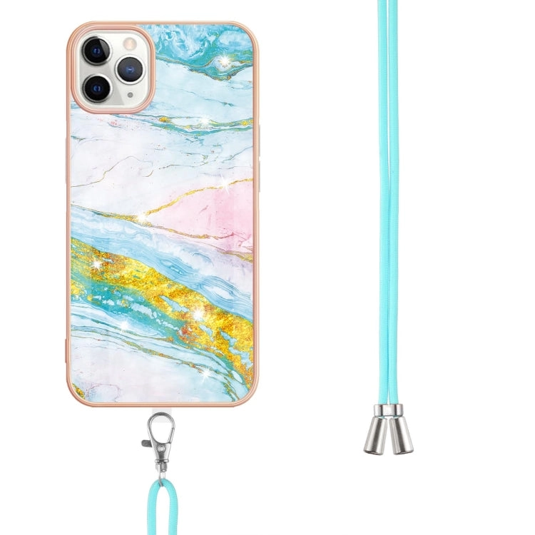 For iPhone 11 Electroplating Marble Pattern IMD TPU Shockproof Case with Neck Lanyard
