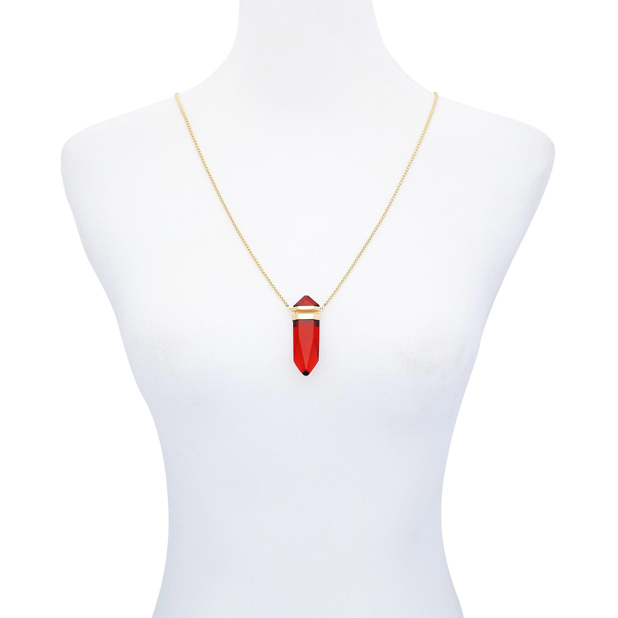 Goldtone Red Crystal-Shape Stone Pendant Long Necklace