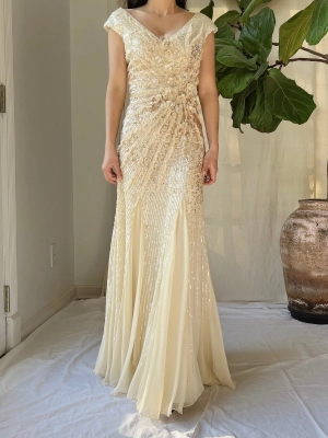 Ivory and Gold Beaded Silk Gown - XS/2
