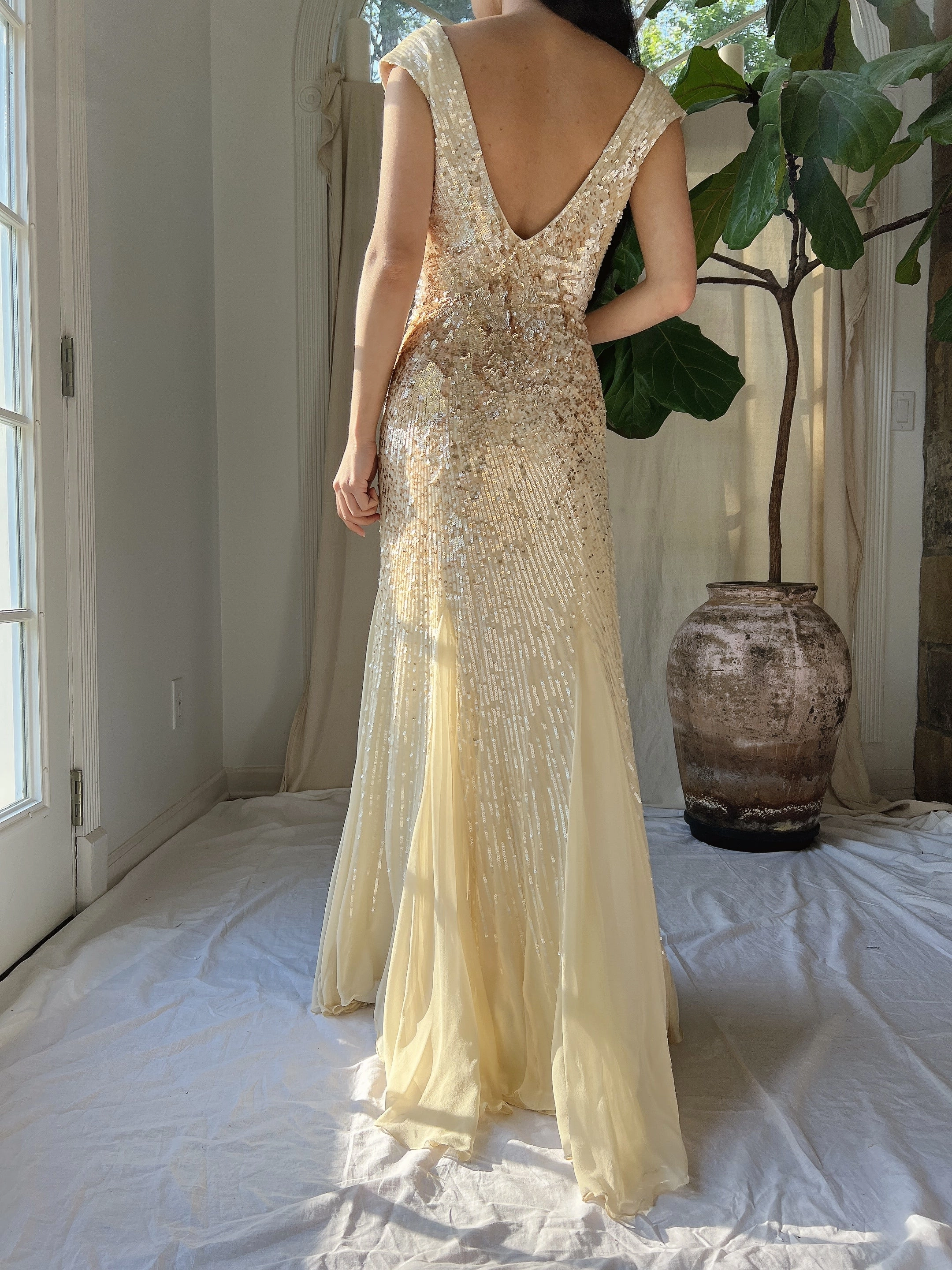 Ivory and Gold Beaded Silk Gown - XS/2