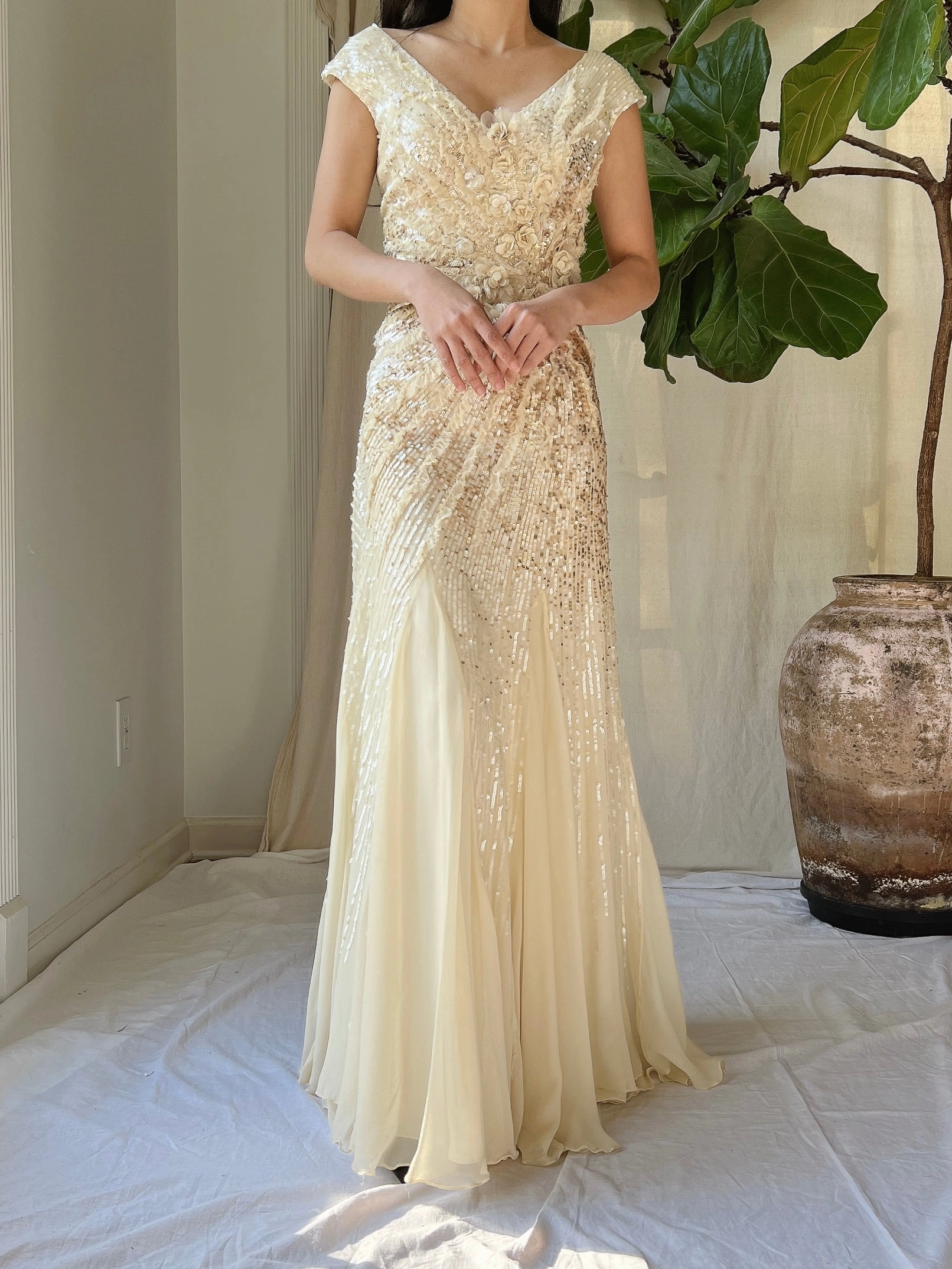 Ivory and Gold Beaded Silk Gown - XS/2