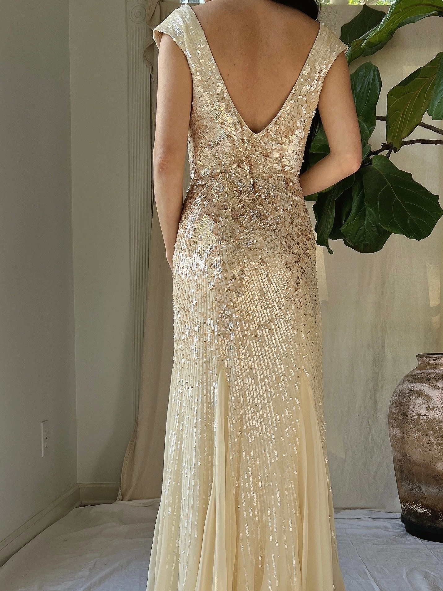 Ivory and Gold Beaded Silk Gown - XS/2
