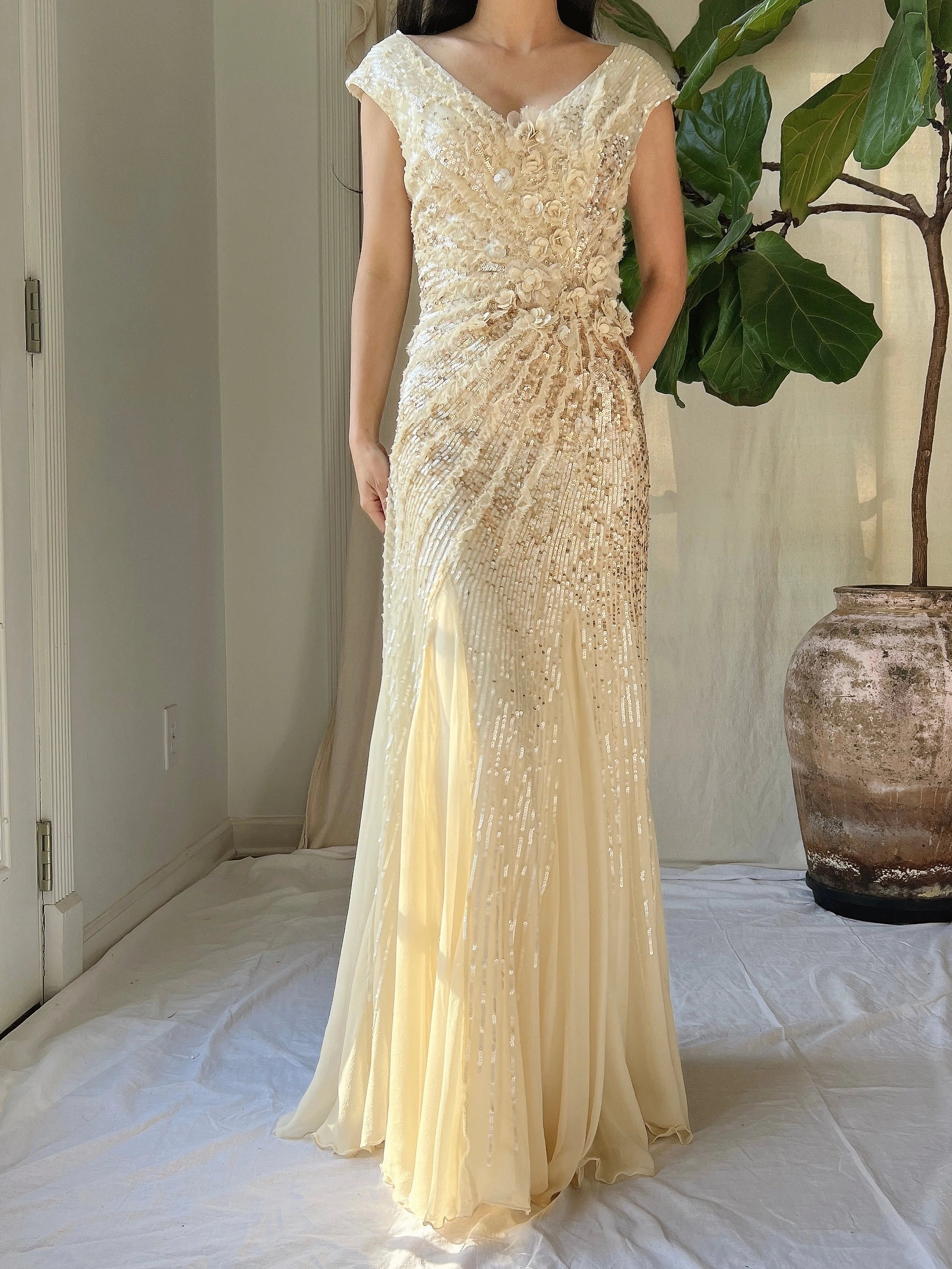 Ivory and Gold Beaded Silk Gown - XS/2