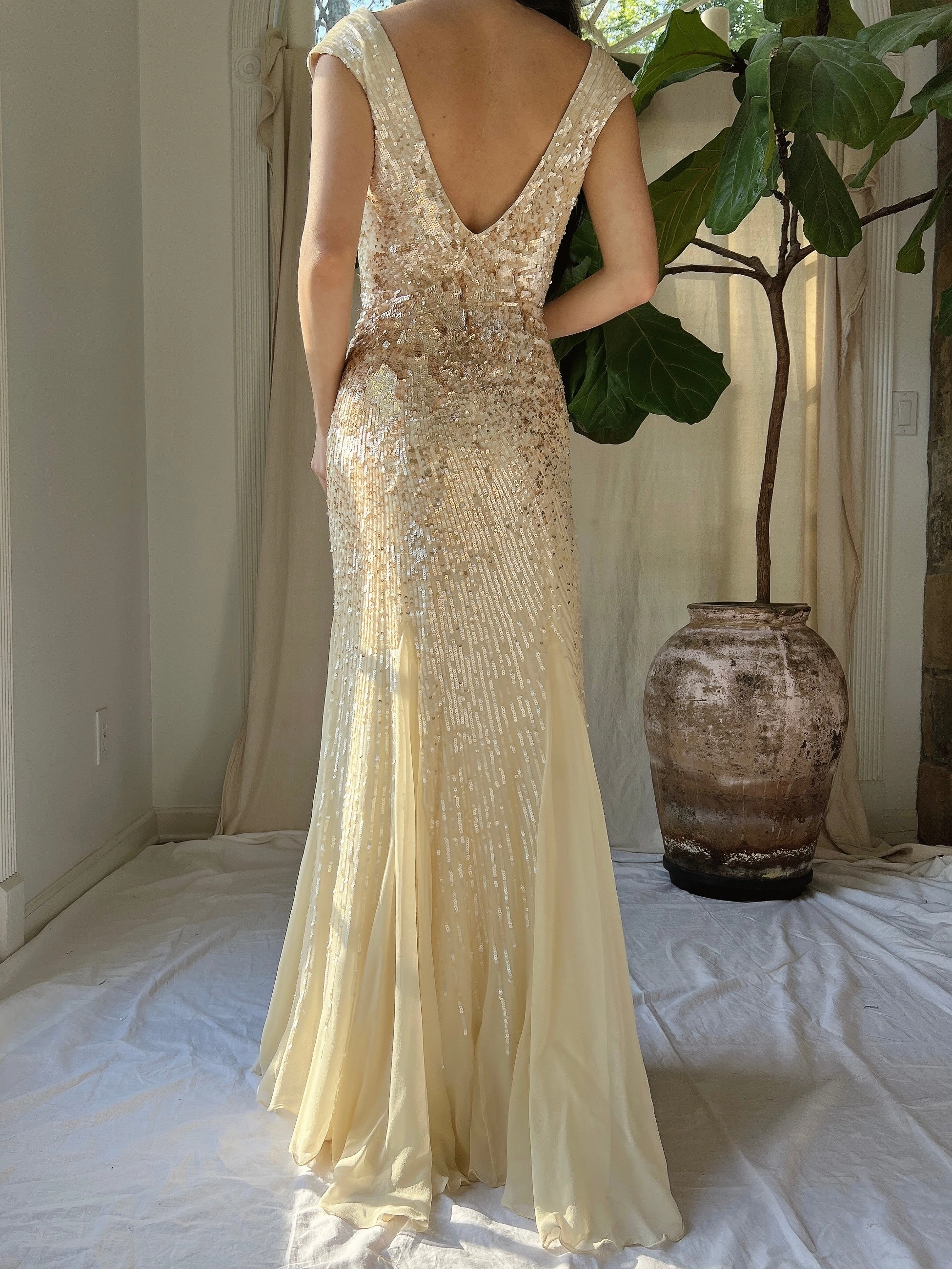 Ivory and Gold Beaded Silk Gown - XS/2