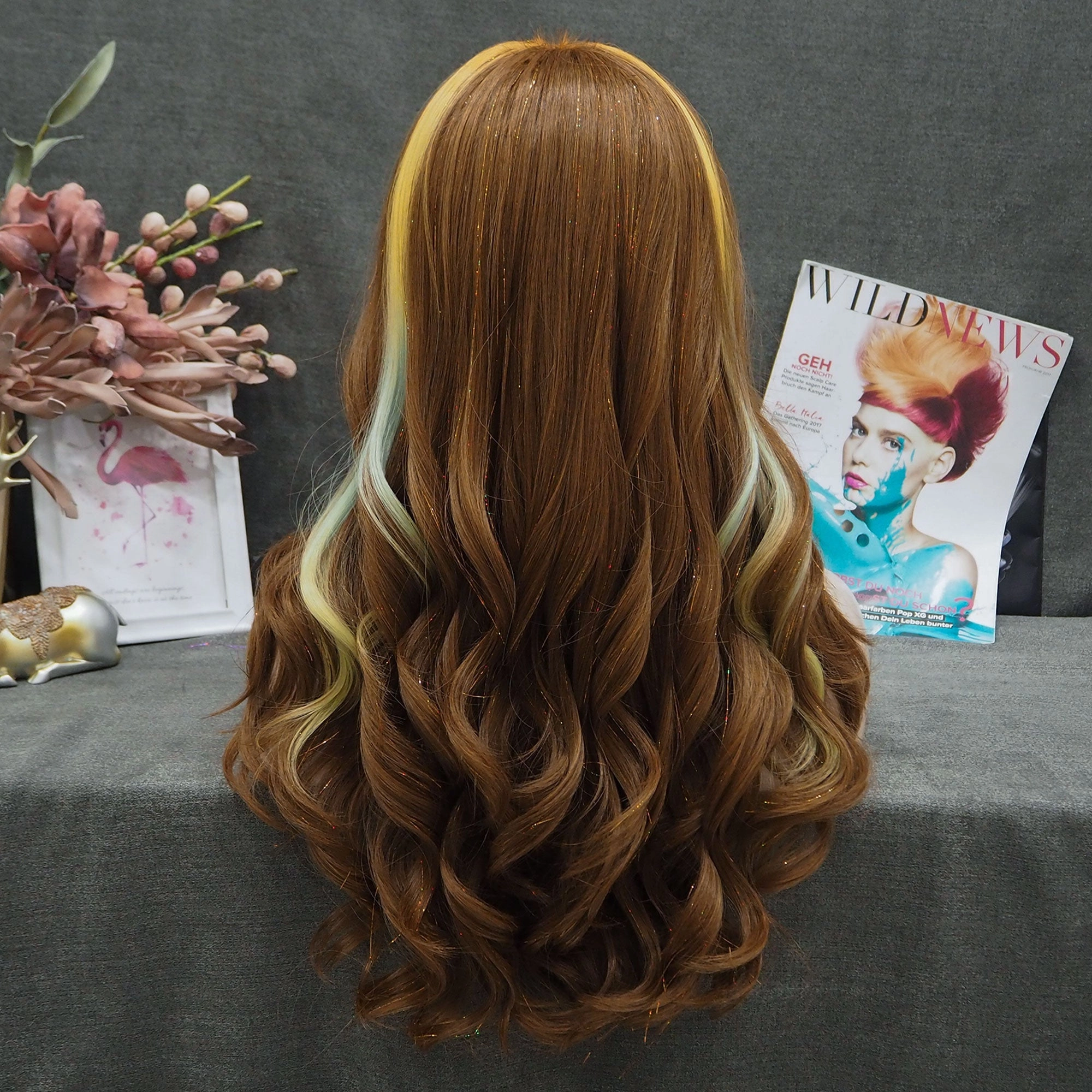 Kassie - Chocolate Brown Mixed With A Stand of Rainbow Hair Tinsel Synthetic Lace Front Wig