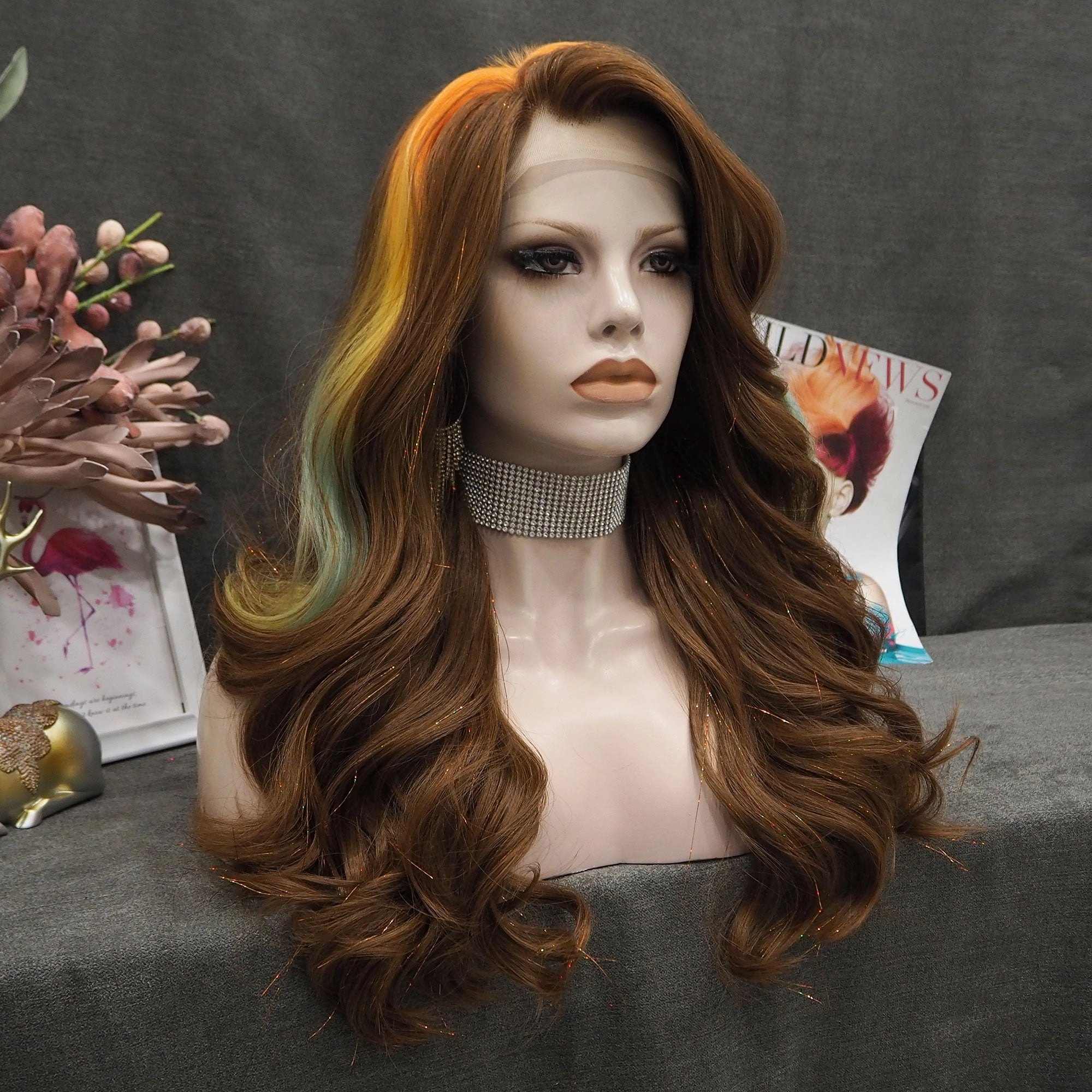 Kassie - Chocolate Brown Mixed With A Stand of Rainbow Hair Tinsel Synthetic Lace Front Wig