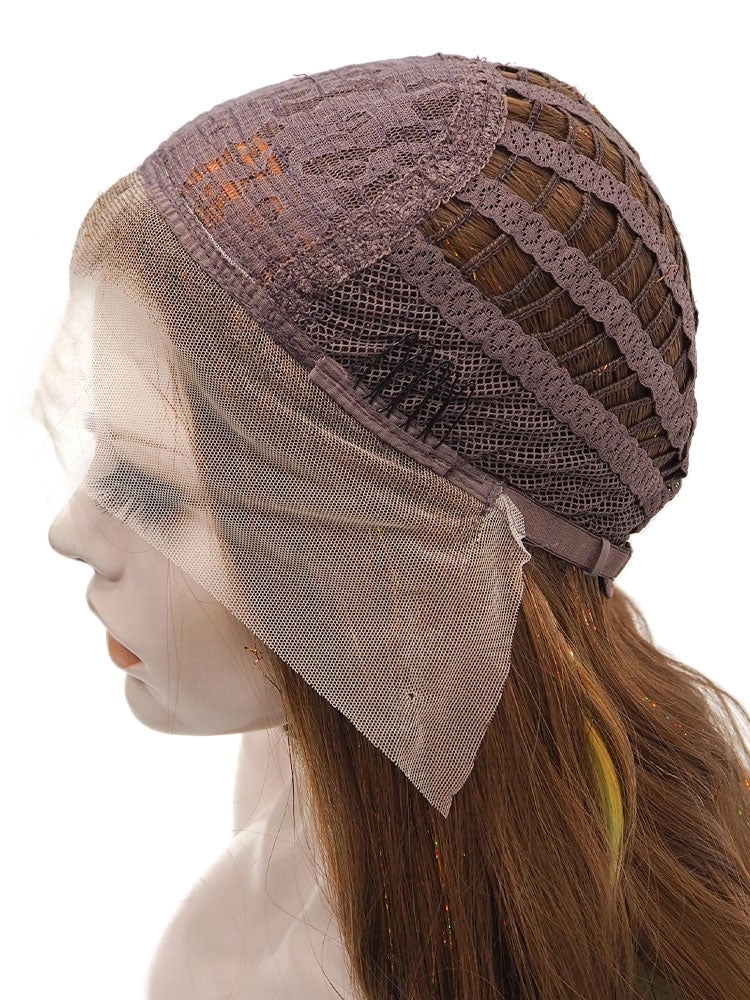 Kassie - Chocolate Brown Mixed With A Stand of Rainbow Hair Tinsel Synthetic Lace Front Wig