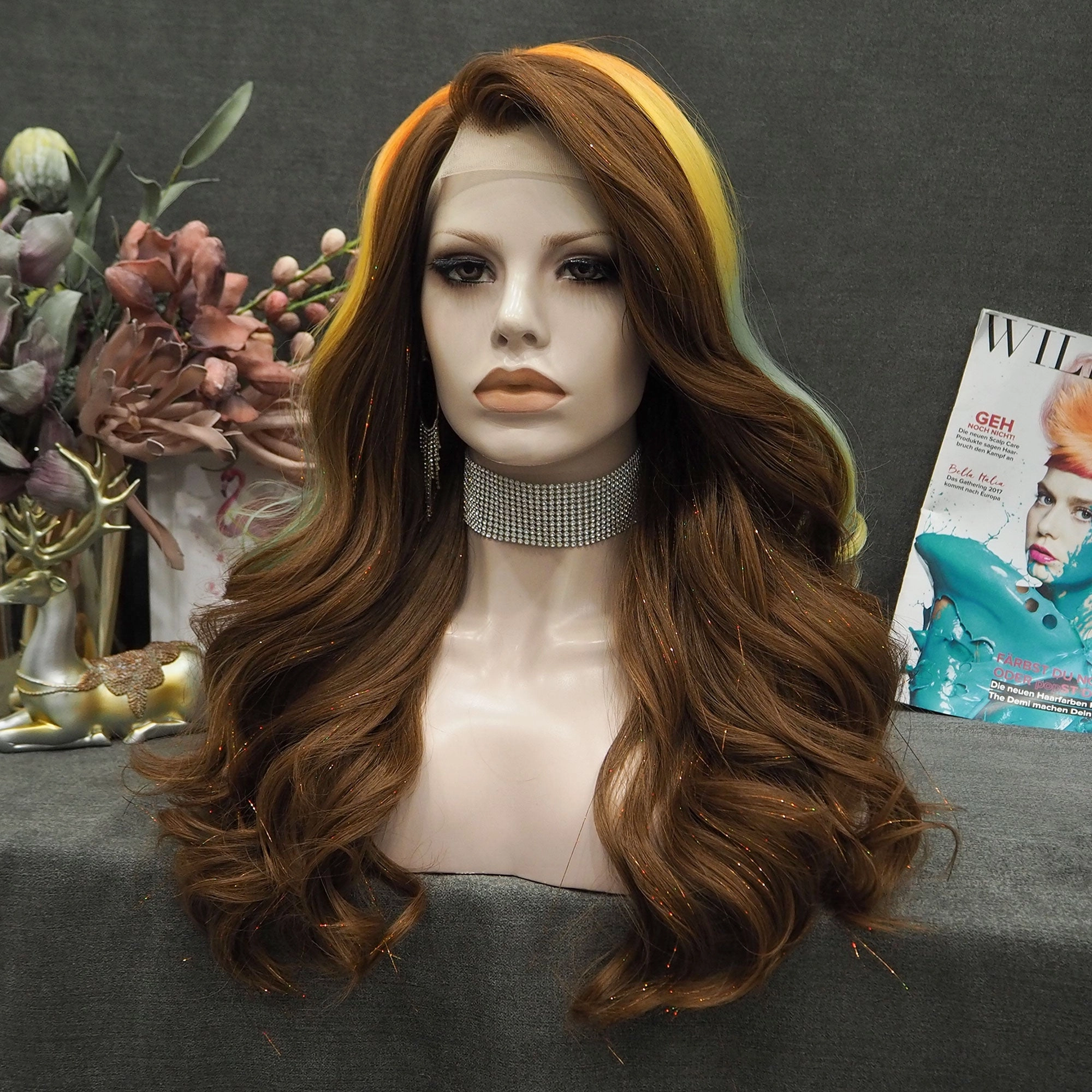 Kassie - Chocolate Brown Mixed With A Stand of Rainbow Hair Tinsel Synthetic Lace Front Wig