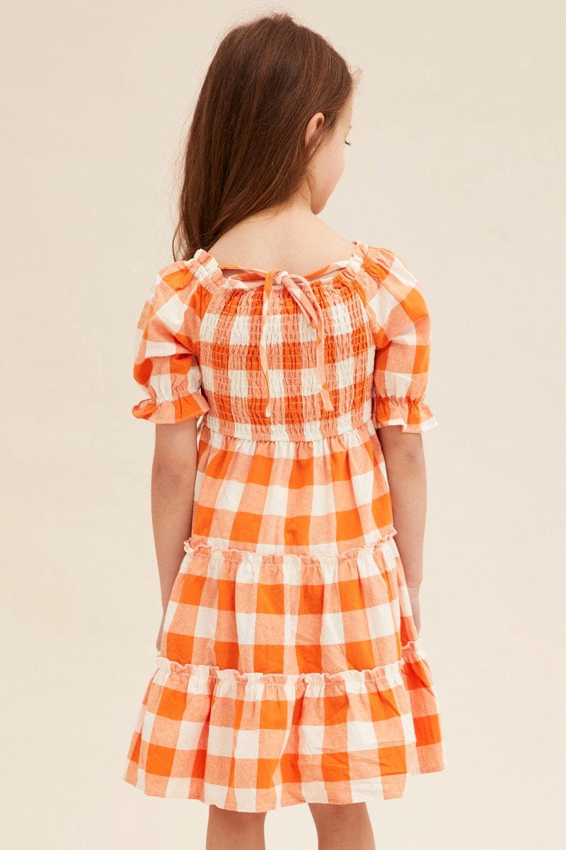Orange Check Kids Midi Dress Short Sleeve Square Neck