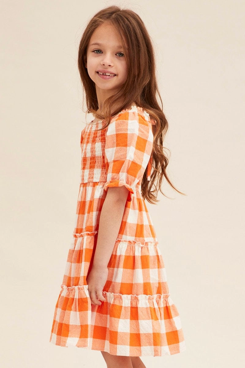Orange Check Kids Midi Dress Short Sleeve Square Neck