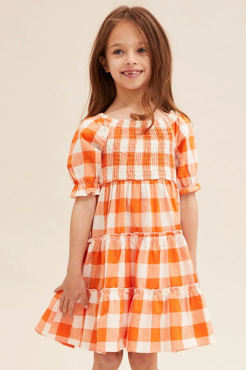 Orange Check Kids Midi Dress Short Sleeve Square Neck