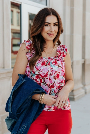 Painted Blossoms Ruffle Strap Tank