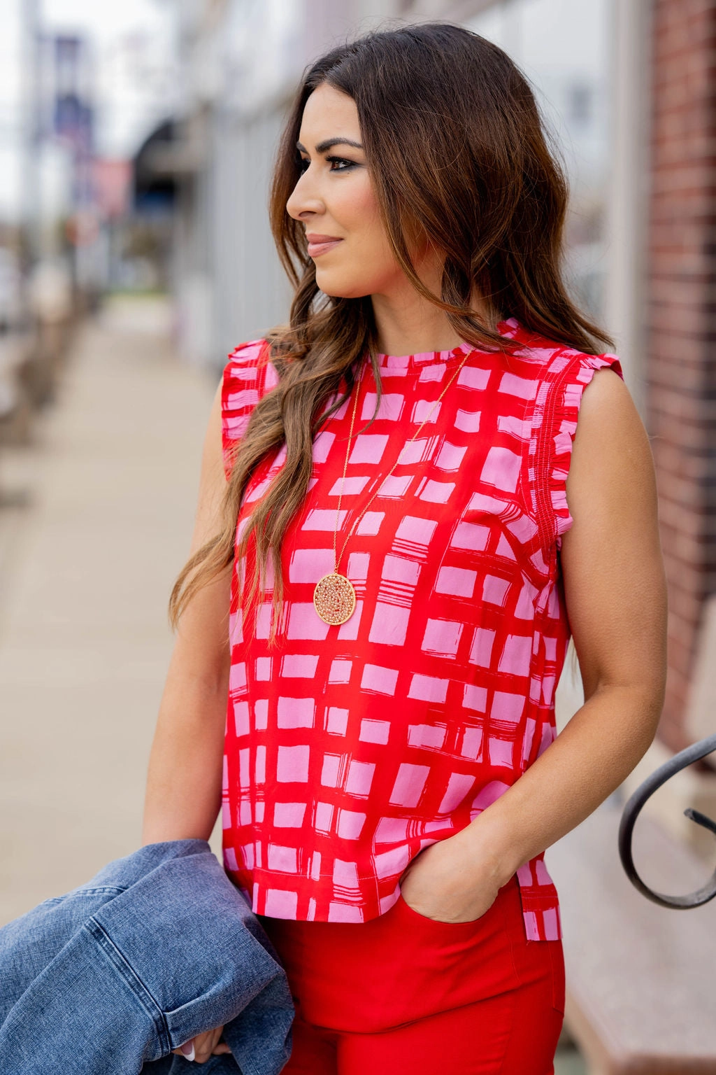 Painted Grid Ruched Ruffle Trim Tank