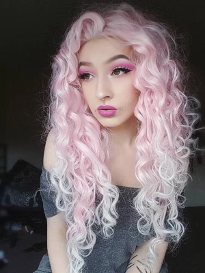 Pink Mixed White Two Tone Color Curly Lace Front Synthetic Wig