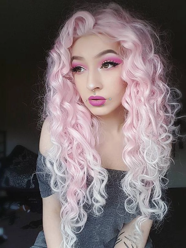 Pink Mixed White Two Tone Color Curly Lace Front Synthetic Wig