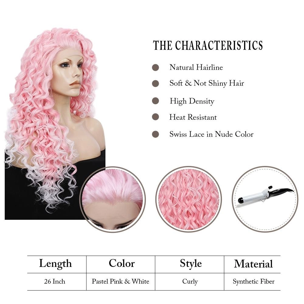 Pink Mixed White Two Tone Color Curly Lace Front Synthetic Wig