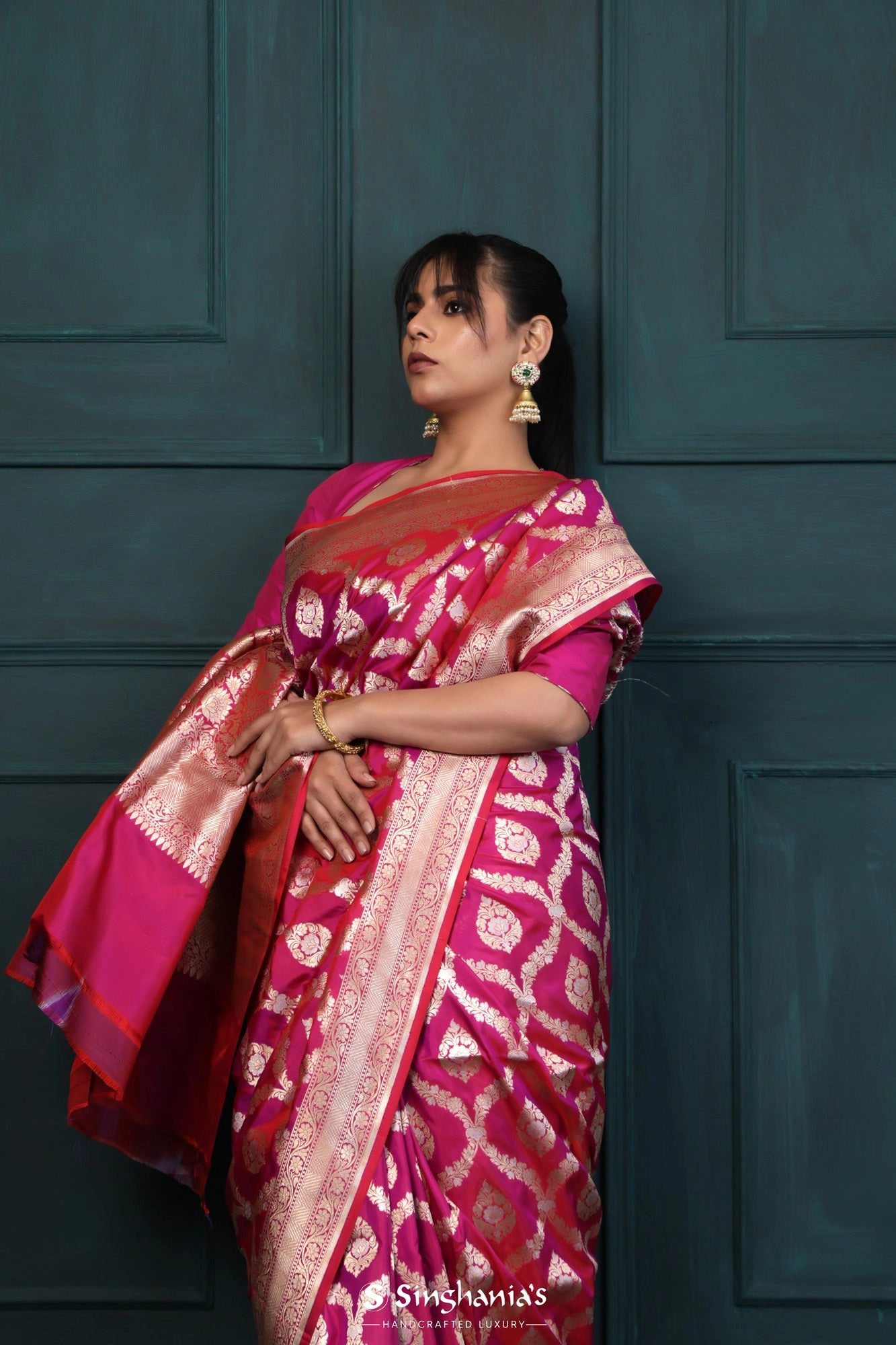 Rubine Red Banarasi Silk Saree With Floral Jaal