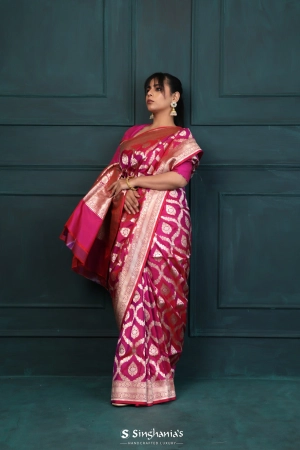 Rubine Red Banarasi Silk Saree With Floral Jaal