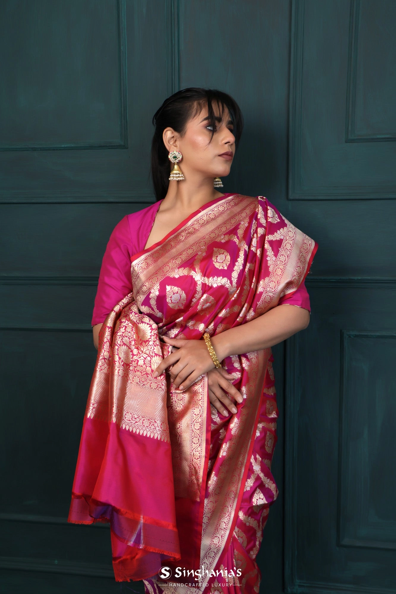 Rubine Red Banarasi Silk Saree With Floral Jaal