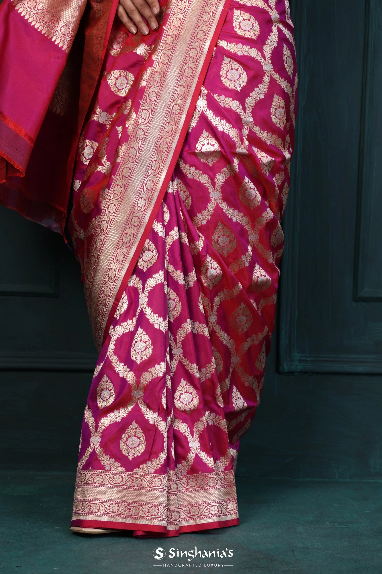 Rubine Red Banarasi Silk Saree With Floral Jaal
