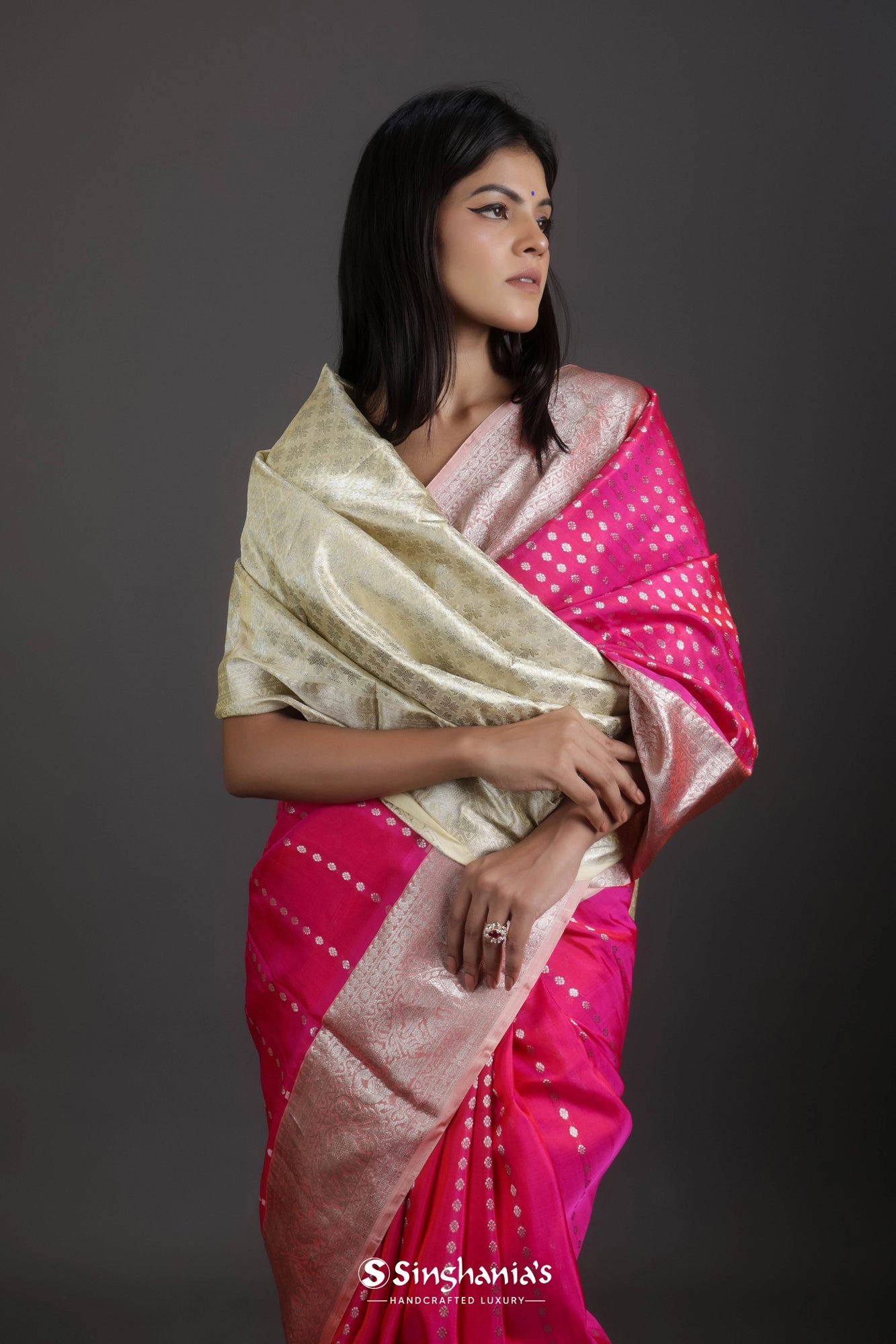 Ruby Pink Venkatagiri Silk Saree With Floral Buttis