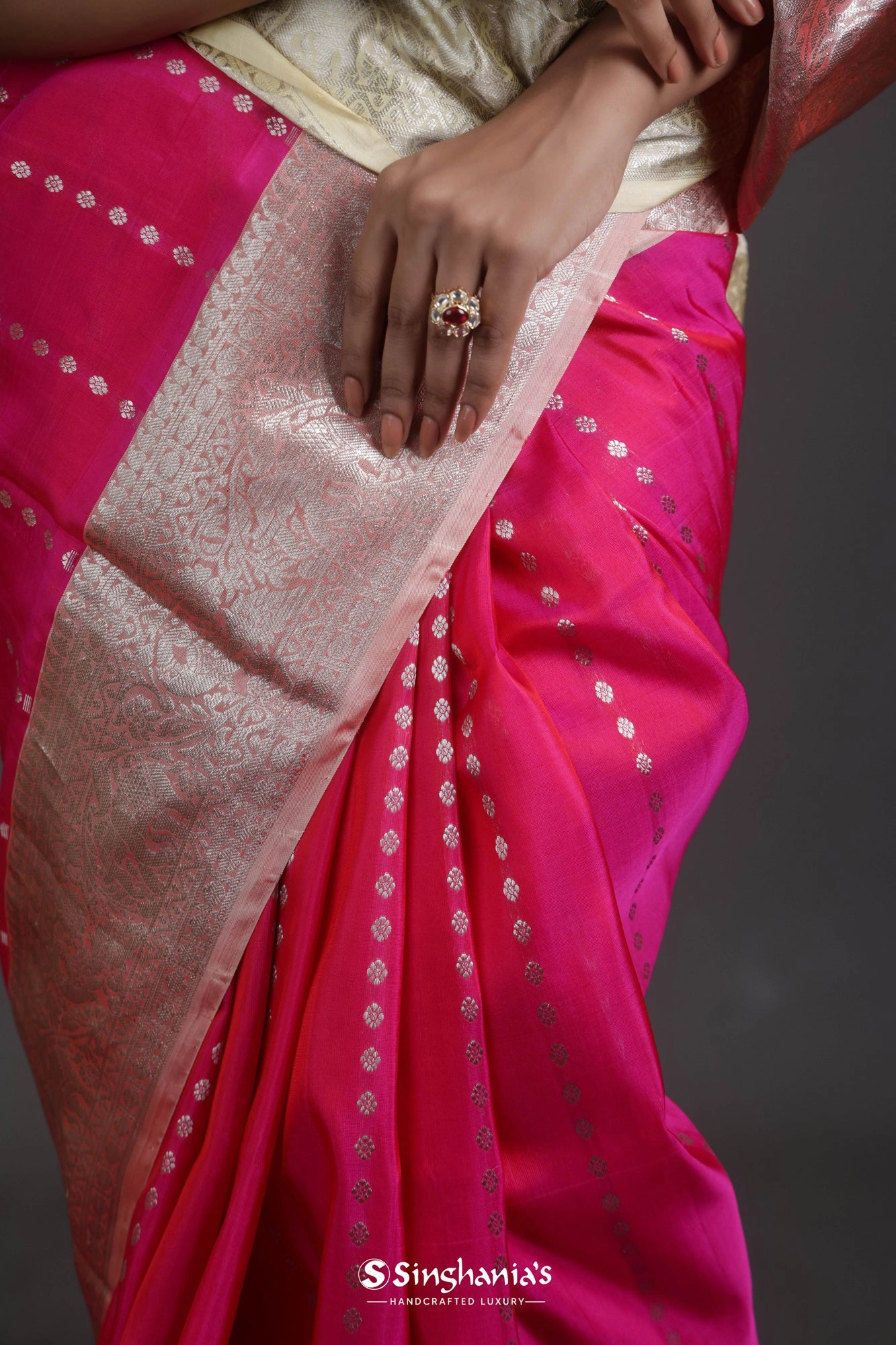 Ruby Pink Venkatagiri Silk Saree With Floral Buttis
