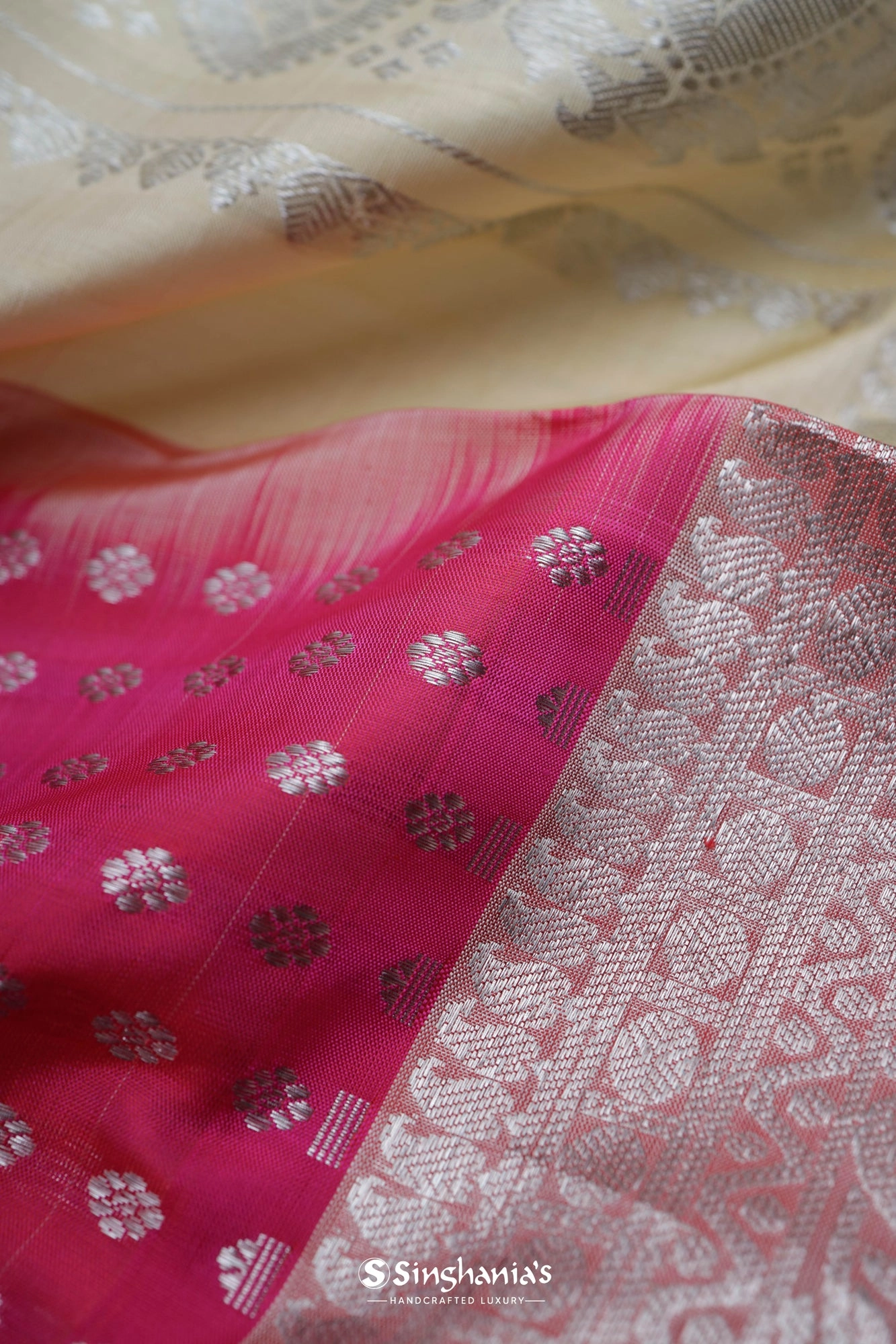 Ruby Pink Venkatagiri Silk Saree With Floral Buttis