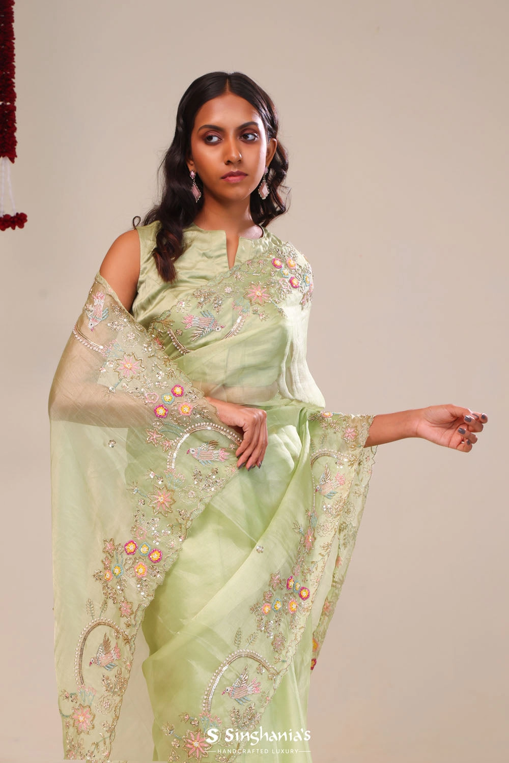 Sage Green Tissue Handcrafted Saree