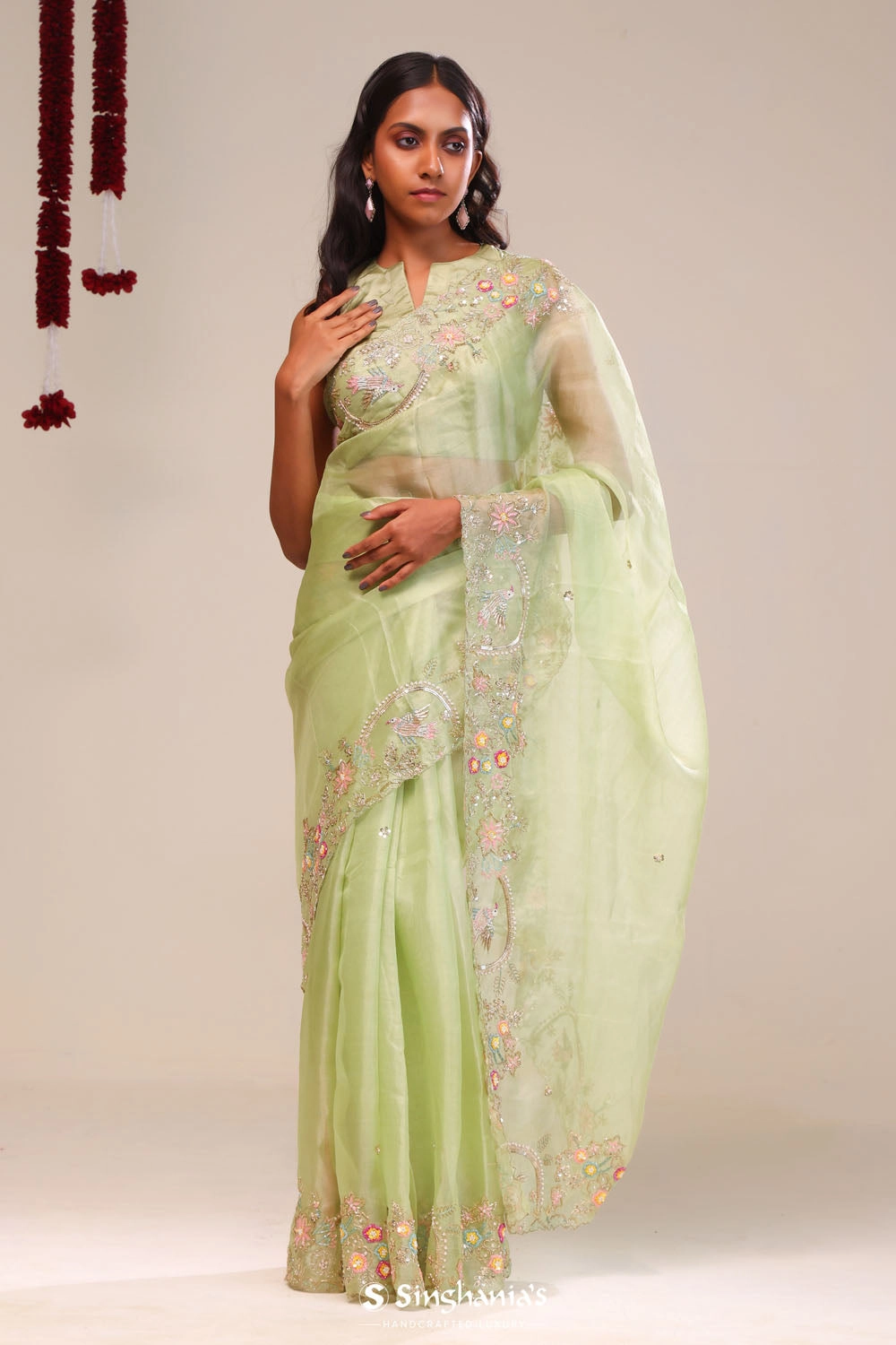 Sage Green Tissue Handcrafted Saree