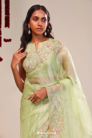 Sage Green Tissue Handcrafted Saree