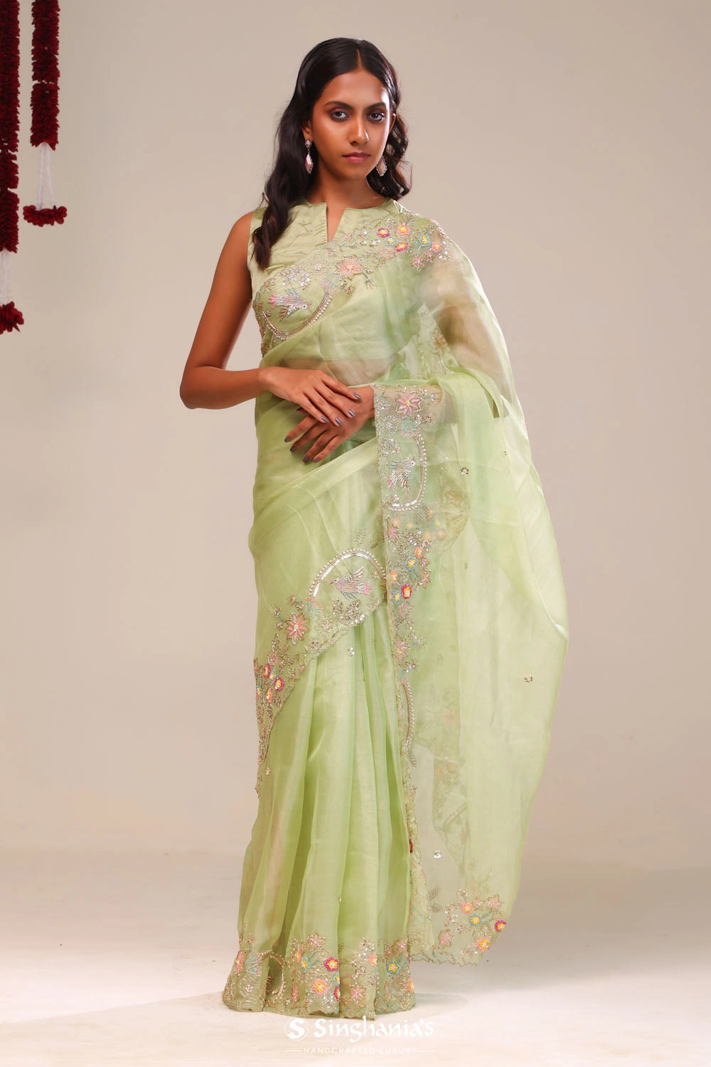 Sage Green Tissue Handcrafted Saree